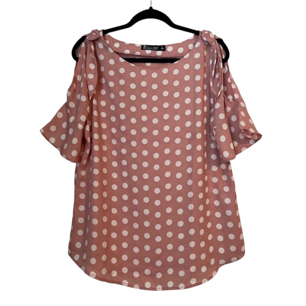 7th Avenue Design Pink Polka Dot Cold Shoulder Short Sleeve Blouse Casual Bow